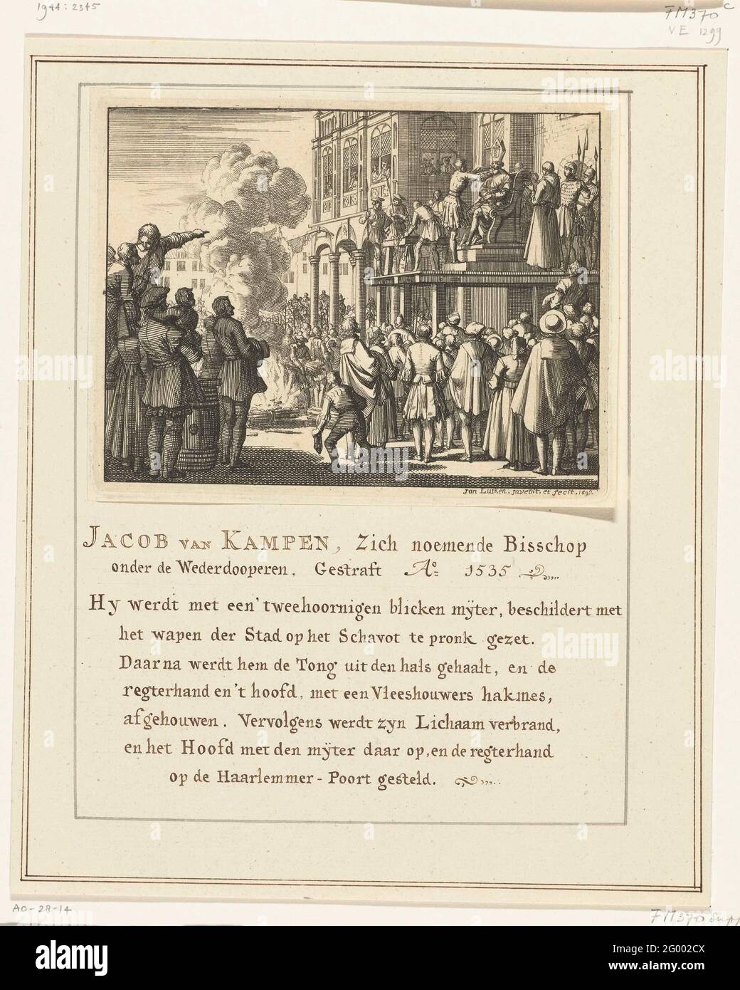Jacob van Campen mit meinem Kopf auf dem Schavehot in Amsterdam, 1535; Jacob van Kampen, unter dem Empfänger Bischof genannt, bestraft AO. 1535. Je besser Jacob van Campen sitzt mit einer Mitra auf dem Schavehot in Amsterdam, 10. Juli 1535. Seine Zunge wird herausgezogen. Unten auf dem Damm ein Pfahl und eine große Menge. Der Ausdruck ist auf einem Blatt mit einer Beschreibung des Ereignisses in der Handschrift aufgeklebt. Stockfoto
