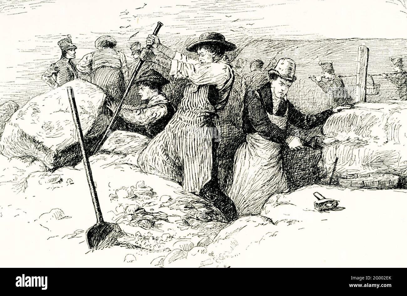 Diese Abbildung aus dem Jahr 1888 zeigt Männer, die 1812 an den Befestigungen in New York arbeiteten. Der Krieg von 1812 (Juni 1812-Februar 1815) war ein Konflikt zwischen den Vereinigten Staaten und ihren Verbündeten, dem Vereinigten Königreich von Großbritannien und Irland und seinen abhängigen Kolonien in Nordamerika und indischen Verbündeten. Stockfoto
