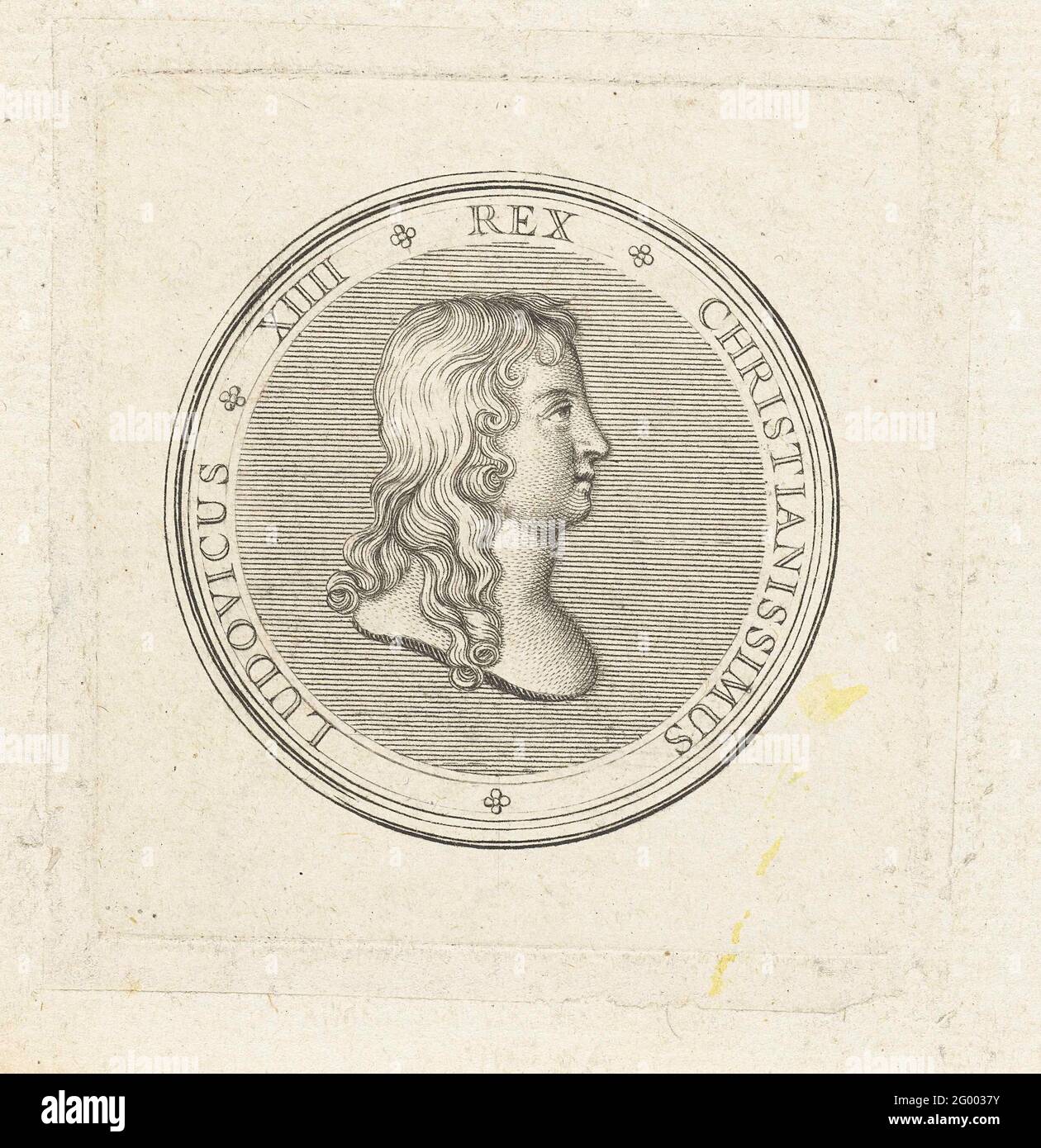 Medaille mit Büste von Lodewijk XIV. Vorderseite einer Medaille mit Büste und Profil von Ludwig XIV., die erstmals nach der Schlacht von Rocroi im Jahr 1643 herausgegeben wurde. Stockfoto