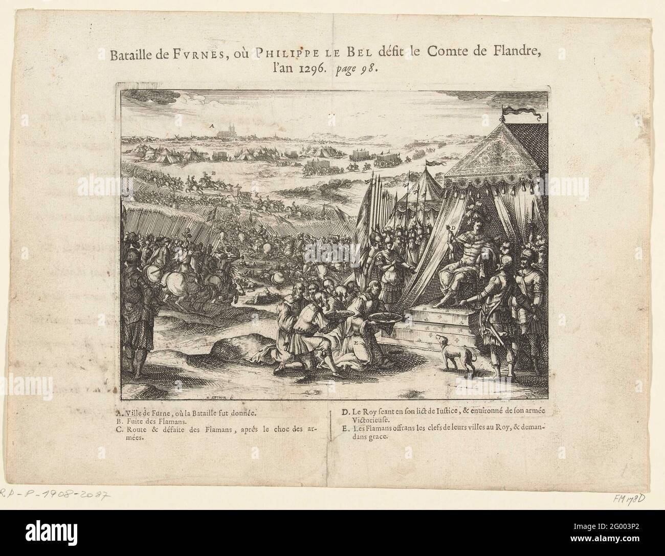 Philip IV De Schone schlägt den Grafen von Flandern in Veurne, 1296; Bataille de Furnes, Ou Philippe Le Bell Défit Le Comte de Flandre, L'an 1296. Der französische König Philip IV De Schone schlägt 1296 den Grafen von Flandern in Veurne (Furnes). Das Bild zeigt die Schlacht, die fliehenden Armeen von GWIME Van Dampierre, De Graaf Van Vlaanderen. Im Vordergrund spenden die Flemings die Schlüssel für ihre Städte an Philipp IV. Auf dem Blatt unter der Platte die Legende A-E auf Französisch. Stockfoto