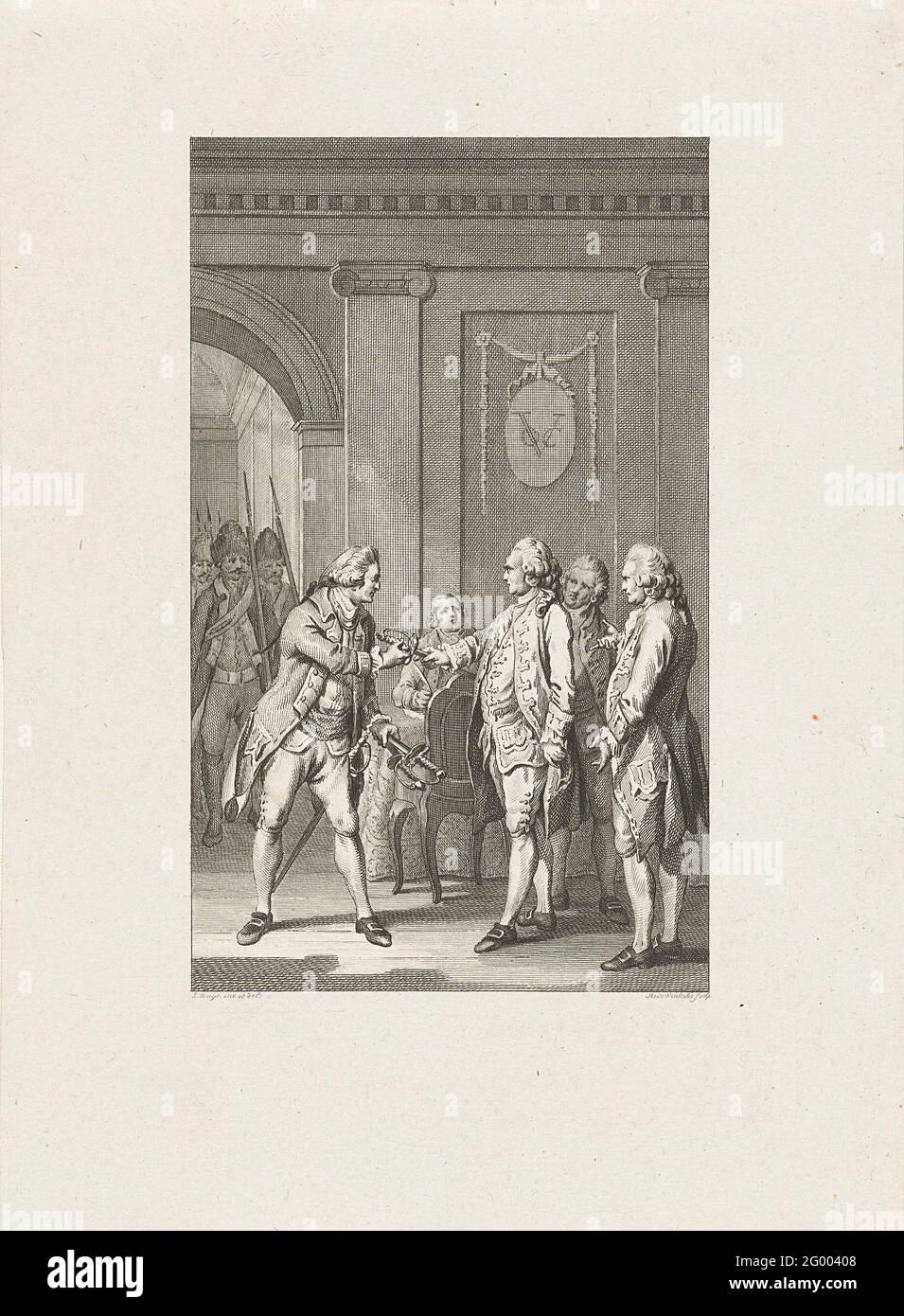 Gefängnis von drei Räten der VOC, 1740. Die Gefangennahme von drei Mitgliedern des Rates von Indie in Batavia Gustaaf Willem van Imhoff, Isaac von Schinne und Elias Haese auf den Generalgouverneur Adriaan Valkenier, Dezember 1740. Stockfoto