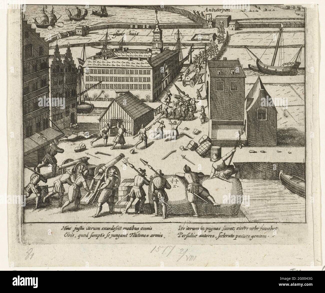 Deutsche Truppen verließen Antwerpen, 1577. Die deutschen Truppen kehren aus Antwerpen bei der Nieuwstad und der Oosterhuis zurück, 2. August 1577. Im Hintergrund verlassen die Deutschen die Stadt, links am Horizont die Schiffe der Fürstenflotte. Mit einer lateinischen Beschriftung von 4 Zeilen. Die Nummer wird auf der Rückseite zerkratzt und unbedruckt. Stockfoto