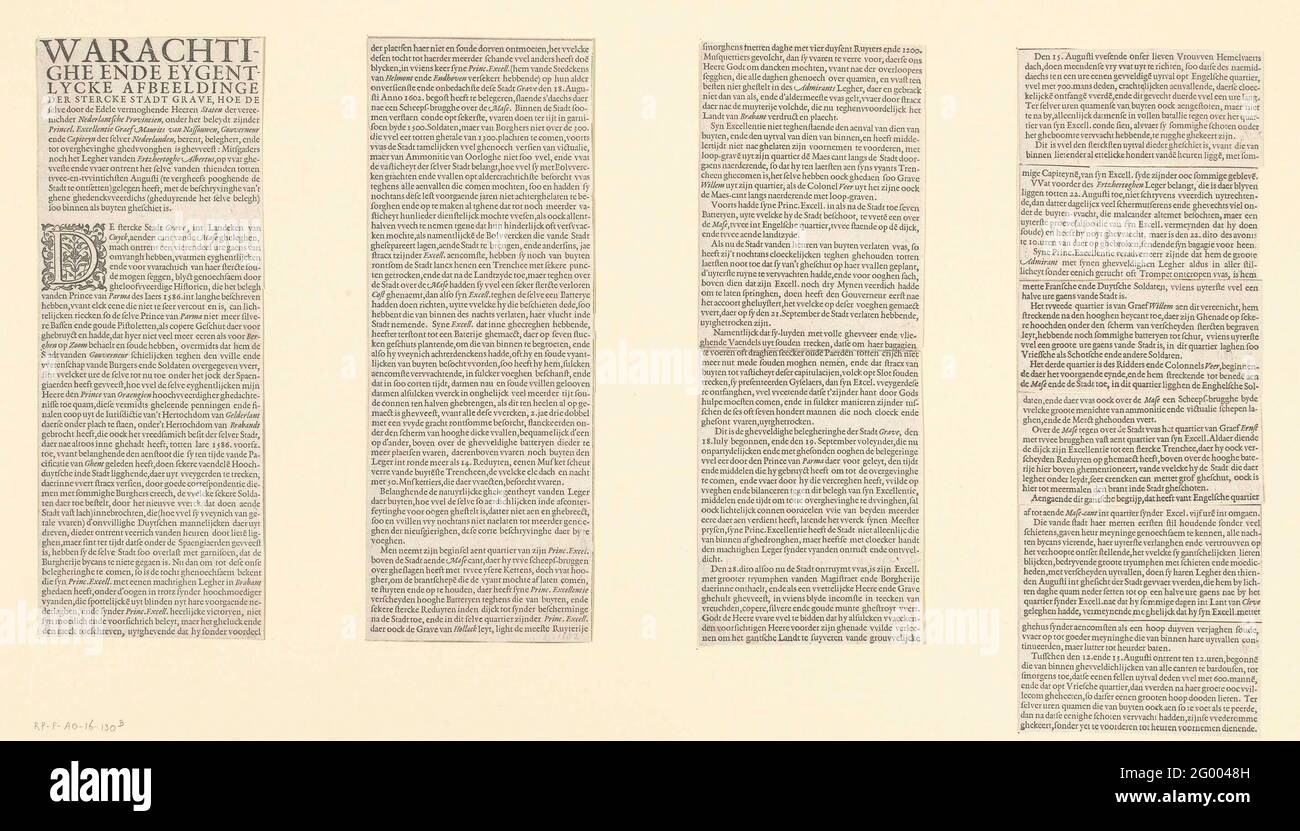 Textblätter zum Druck der Grabebelagerung, 1602; WARENTHE Ende EYGENTLYCKE DERE DER STERCKE STADT GRAVE (...). Vier Textblätter, die zur großen Schau auf zwei Tafeln der Belagerung und der Grabaufnahme durch die Staatsarmee unter Maurits gehören, Juli-September 1602. Vier Säulen, teilweise lose, in niederländischer Sprache. Stockfoto