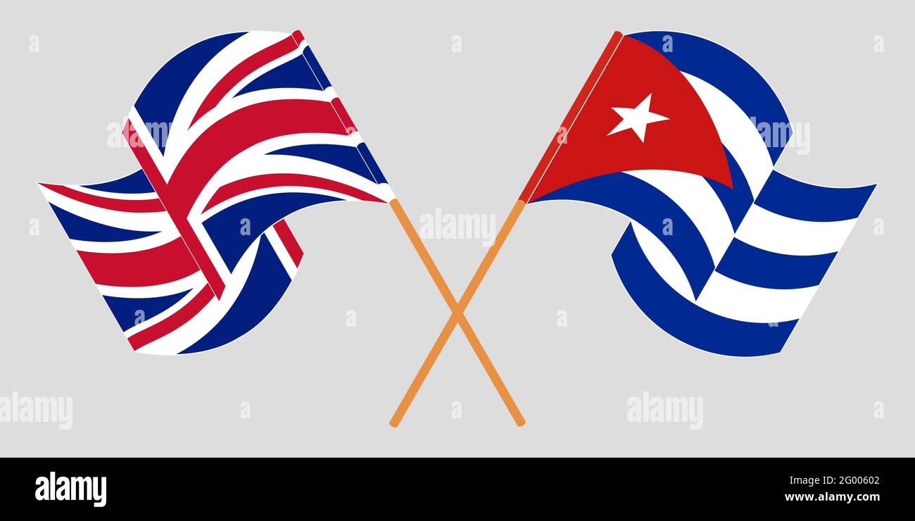 Gekreuzte und winkende Flaggen von Kuba und Großbritannien. Vektorgrafik Stock Vektor