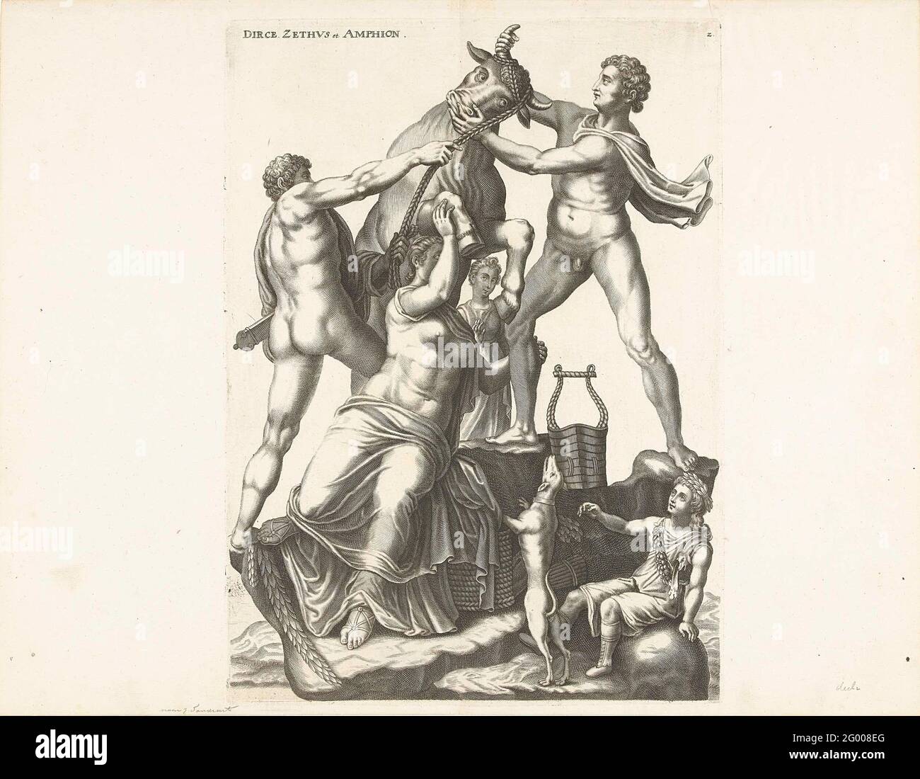 Zethus und Amphion binden DIRCE an die Hörner eines wilden Bullen. Die Zwillingsbrüder Sushos und Amphion binden DIRCE auf die Hörner eines wilden Bullen, der sie schließlich mit Füßen treten wird. Stockfoto