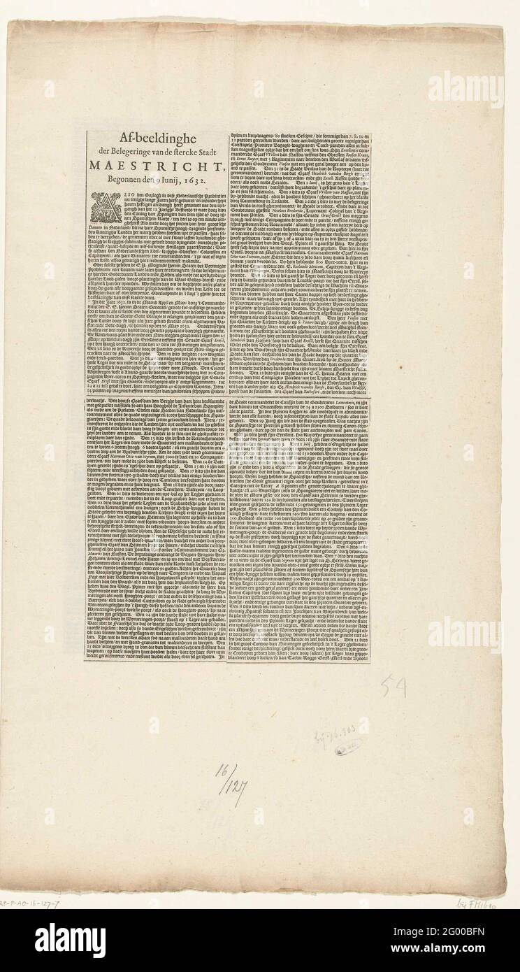 Belagerung in Maastricht, 1632 (Textblatt 1); AF-Aufnahme der Stercke der Stercke Stadt Maestricht, begann am 9. Juni 1632. Textblätter, die zur großen zusammengesetzten Karte der Belagerung und der Aufnahme von Maastricht durch die Staatsarmee unter Stadholder Frederik Hendrik, 9. Juni bis 21. August 1632, gehören. Beschreibung von der Belagerung und Eroberung der Stadt und den Kapitulationsartikeln, in acht meist gelockerten Säulen auf zwei Seiten eines gefalteten Doppelblattes geklebt. Stockfoto