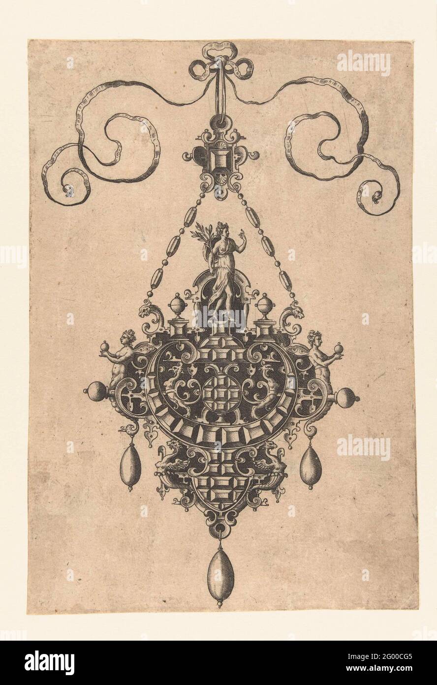 Anhänger, auf dem eine Göttin mit Lorbeerzweig; Monilium bullarum inauriumque ... Ikonen; Goldship. Suite mit 10 Stück. Göttin befindet sich auf dem Anhänger. Nr. 3 aus einer Serie von 10 Blättern mit vorderen Anhängern. Edelsteine in Siedlungen von Grotesken und Walzwerken. Stockfoto