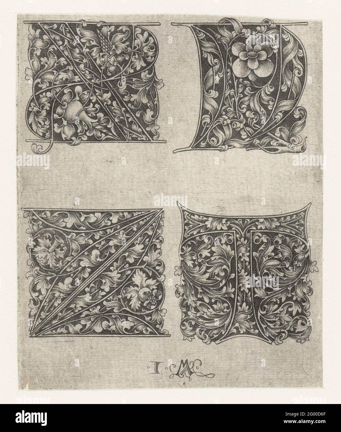 Großbuchstaben x, y, z und t; Alphabet in Großbuchstaben. Großbuchstaben x, y, z und t, mit Blattrechten verziert. Dieser Druck ist Teil einer Serie von sechs Blättern mit jeweils vier Großbuchstaben. Stockfoto