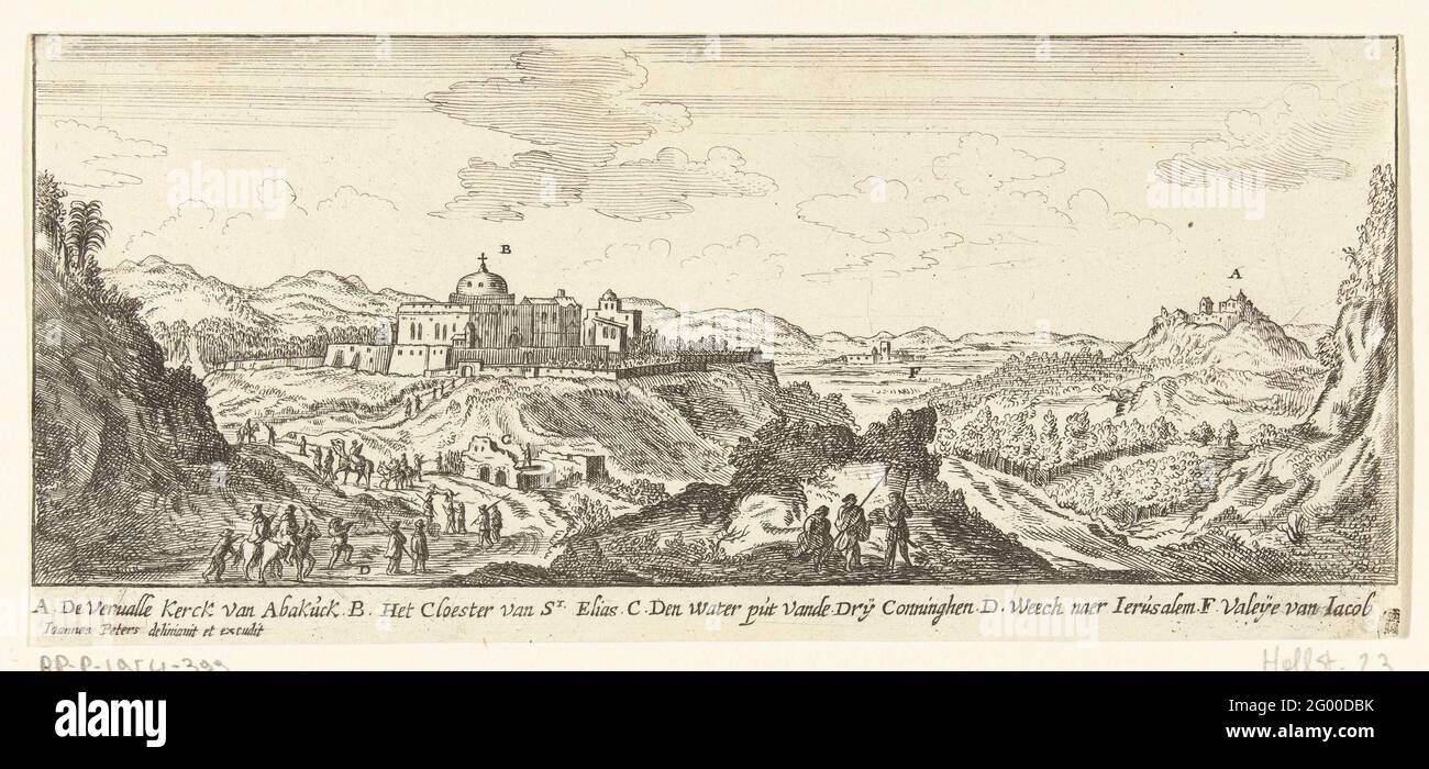 Landschaft mit der Kirche von Habakuk; topographische Bilder des Nahen Ostens. Landschaft mit der Kirche von Habakuk und einigen anderen Orten in der Umgebung von Jerusalem, wo biblische Ereignisse stattfanden. Im Vordergrund Reisende auf einer Straße. Der Druck hat eine niederländische Beschriftung mit Hinweisen auf Gebäude und Orte auf dem Druck. Stockfoto