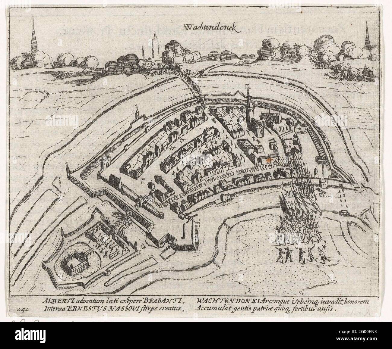 Eroberung von Wachtendonk, 1600. Eroberung durch Waitingonk durch Louis Gunther, Graf von Nassau, 23. Januar 1600. Plan der Stadt, über der Landschaft im Profil. Unten betreten die Staatstruppen am Kempense-Tor die Stadt. Mit einer lateinischen Beschriftung von 4 Zeilen. Nummeriert 242. Auf der Rückseite mit lateinischem Text bedruckt. Stockfoto