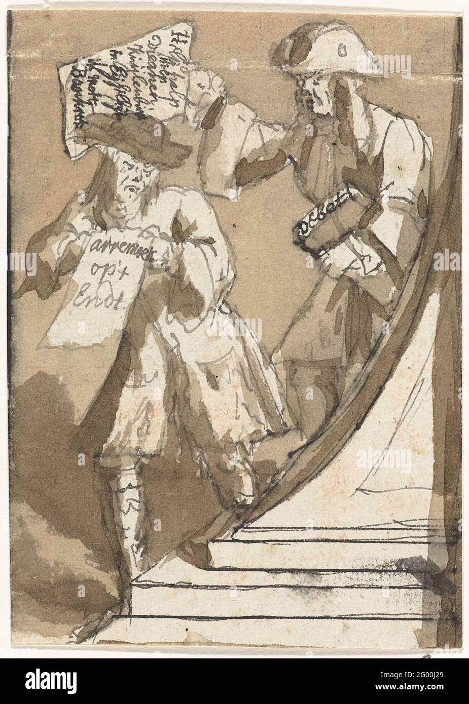 Gläubiger und Seeleute der Armut, 1720; die große Szene der Torheit. Bestreut Blatt mit dem gezeichneten Design für die Präsentation der Gläubiger und Armut madh, Teil des Drucks mit dem Aufregen und Niedergang der Promotoren. Design für einen Teil des Print 7 in der Serie die große Szene der Dummheit mit Kartenten beim Wind- oder Action-Trade von 1720. Design für einen Druck. Stockfoto