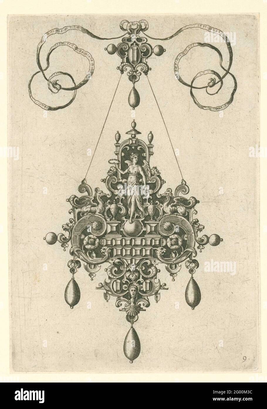 Anhänger mit victoria, Lorbeerkranz in der Hand; Monilium bullarum inauriumque ... Ikonen. Nr. 9 aus einer Serie von 10 Blättern mit Ornamentmotiven für die Vorderseite von Kleiderbügeln, Antwerpen 1581. W. 20 Stockfoto