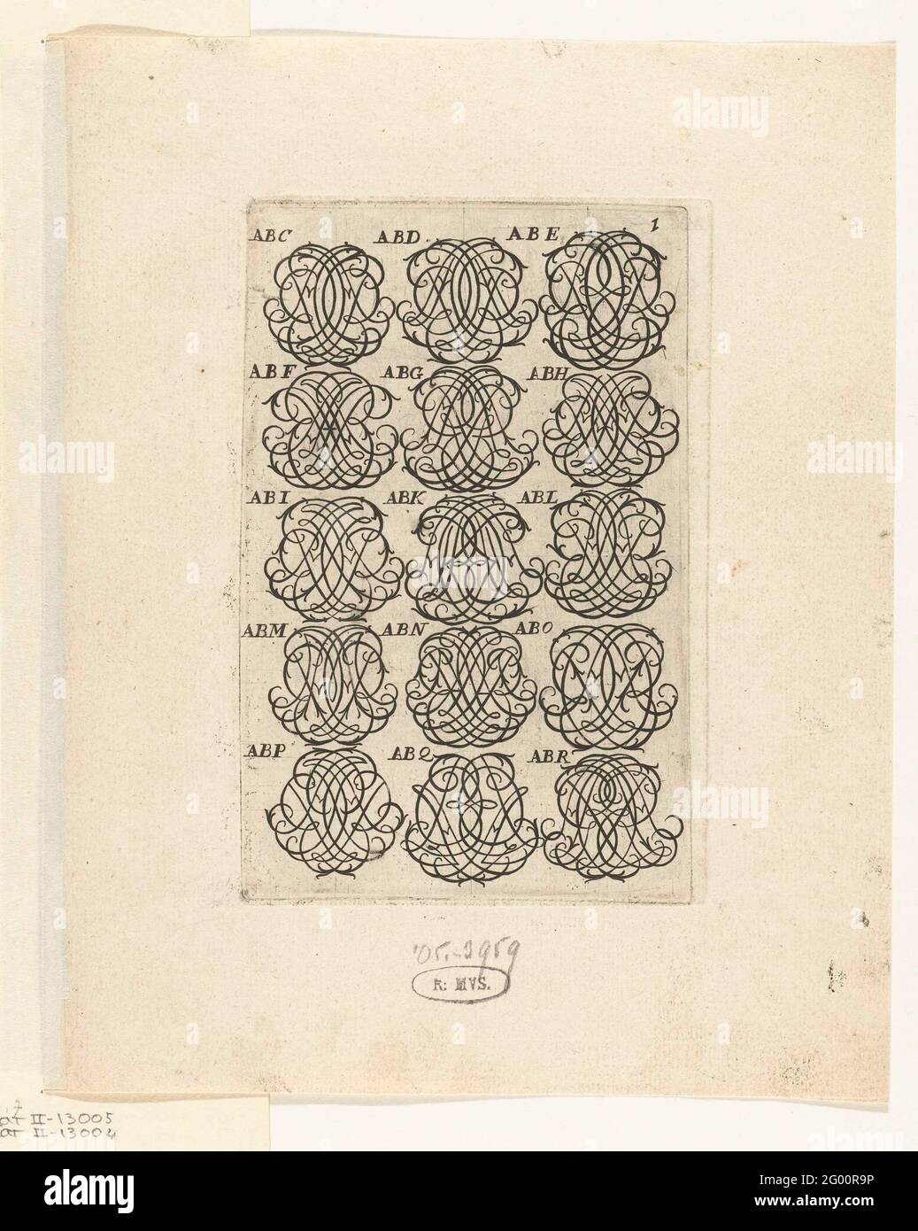 Fünfzehn Monogramme (ABC-ABR); Livre Nouveau et utile. Aus einer Serie von 29 teilweise nummerierten Blättern mit Abbildungen. Stockfoto