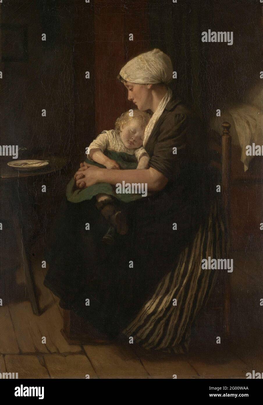 Zum Ziehen einlullt. „Suity“. Sitzende Mutter mit einem schlafenden Kind auf dem Schoß. Stockfoto