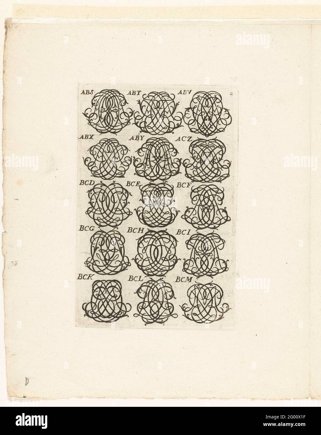 Fünfzehn Monogramme (ABC-ABR); Livre Nouveau et utile. Aus einer Serie von 29 teilweise nummerierten Blättern mit Abbildungen. Stockfoto
