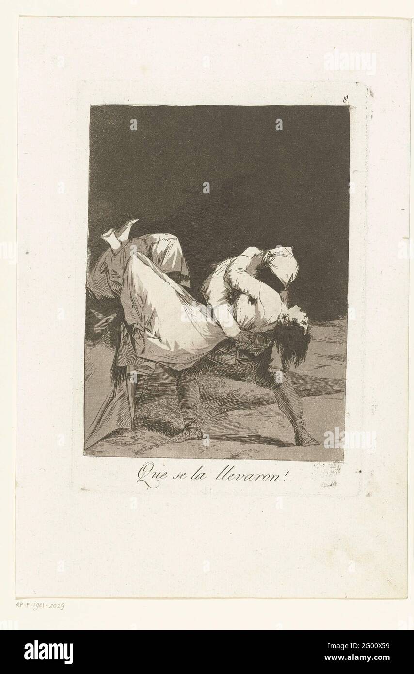 Sie trugen sie weg; Que se la Llevaron!; Los Caprichos. Eine Frau wird von zwei Männern fortgetragen. Einer der Männer ist in eine Mönchstria gekleidet. Achter Druck aus der Serie Los Caprichos. Stockfoto