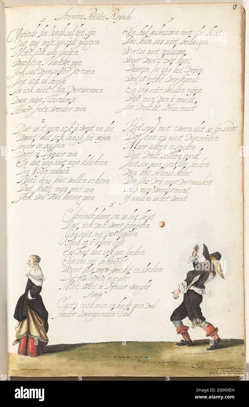 Herr, der einen Ball und eine Dame wirft. Herr, der einen Ball wirft und eine Dame, die ihm den Rücken kehrt. Den Ball zu werfen, der nicht zurückgeworfen wird, ist eine Metapher für seine unbeantwortete Liebe. Liebe Verkleidung von fünf Couplets von neun Regeln, auf der Weise der petite roignale. Stockfoto