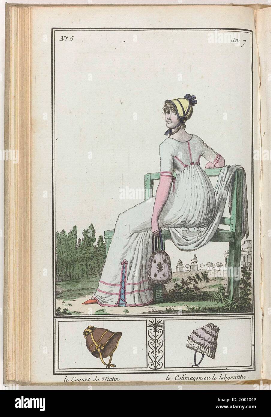 Le Mois, Journal Historique, Littéraire et Critique, Avec Figures, Tome 2, Nr. 5, An. 7 (1798-1799): Le Coquet du Matin .... Junge Frau, die auf einer Gartenbank sitzt, schräg von hinten gesehen, in der linken Hand eine Tasche (Fadenkreuz). Unten zwei Rahmen mit Hut und Hut. Links: 'Le Coquet du Matin'. Rechts: 'Le Colimacon Ou Le Labyrinthe'. Druck aus der Zeitschrift Le Mois: Journal Historique, Littéraire et Critique AVEC Figures, AN 7 und 8 (1798-1800). Stockfoto