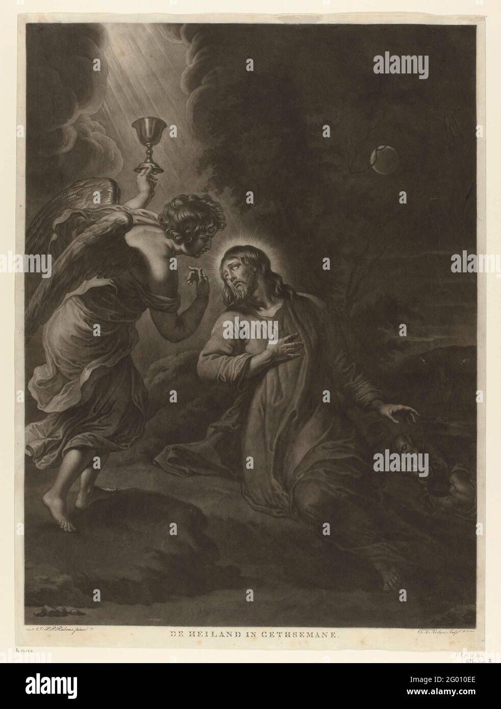 Christus am Hof von Getemane; der Erlöser in Gethsemane .. Christus betet zu Gott im Hof von Getemane und bekommt eine Vision. Ein Engel erscheint am Wolkenhimmel mit einem Ziel. Im Hintergrund lügen zwei seiner Schüler in den Schlaf. Stockfoto