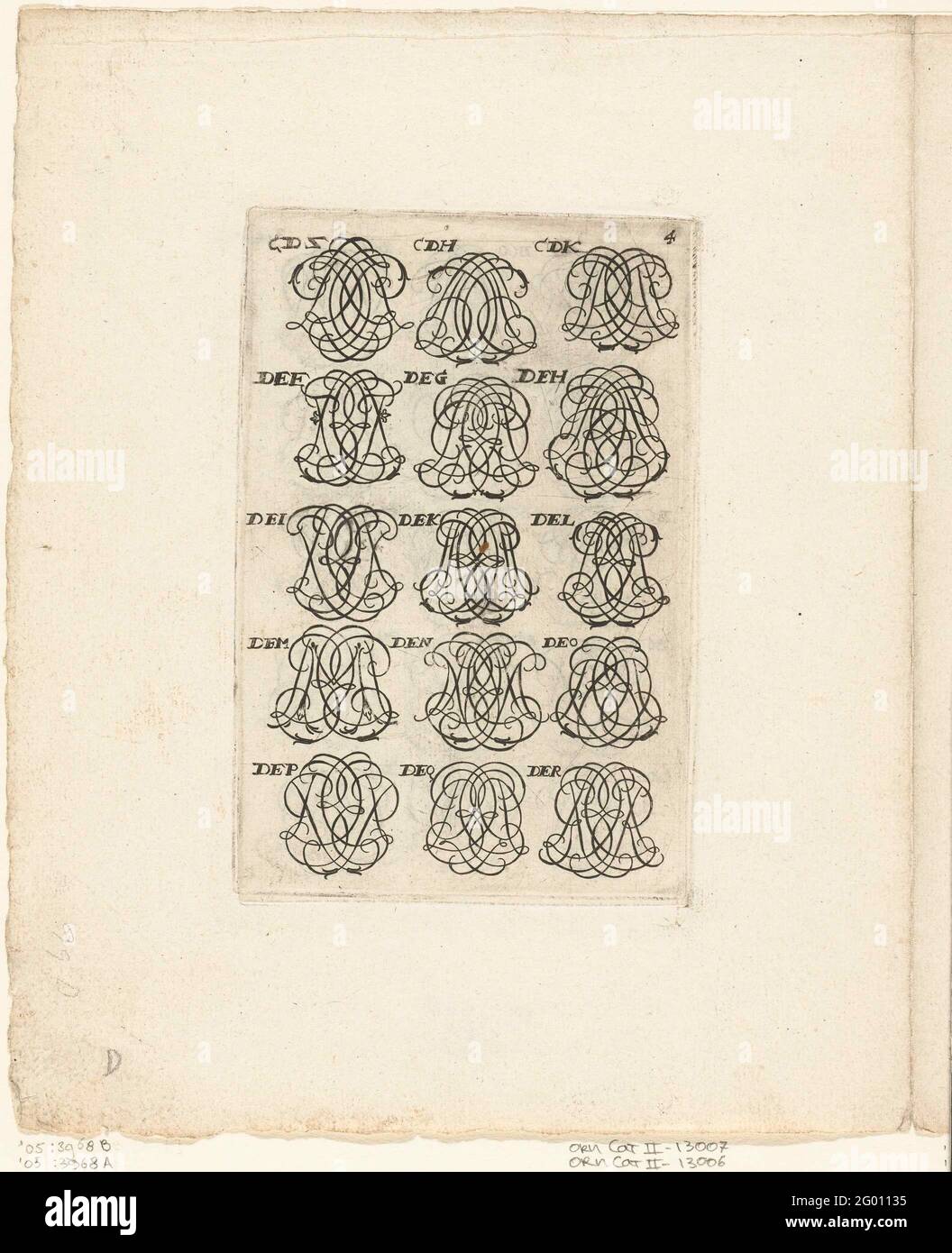 Fünfzehn Monogramme (CDZ-der); Livre Nouveau et utile. Aus einer Serie von 29 teilweise nummerierten Blättern mit Abbildungen. Stockfoto