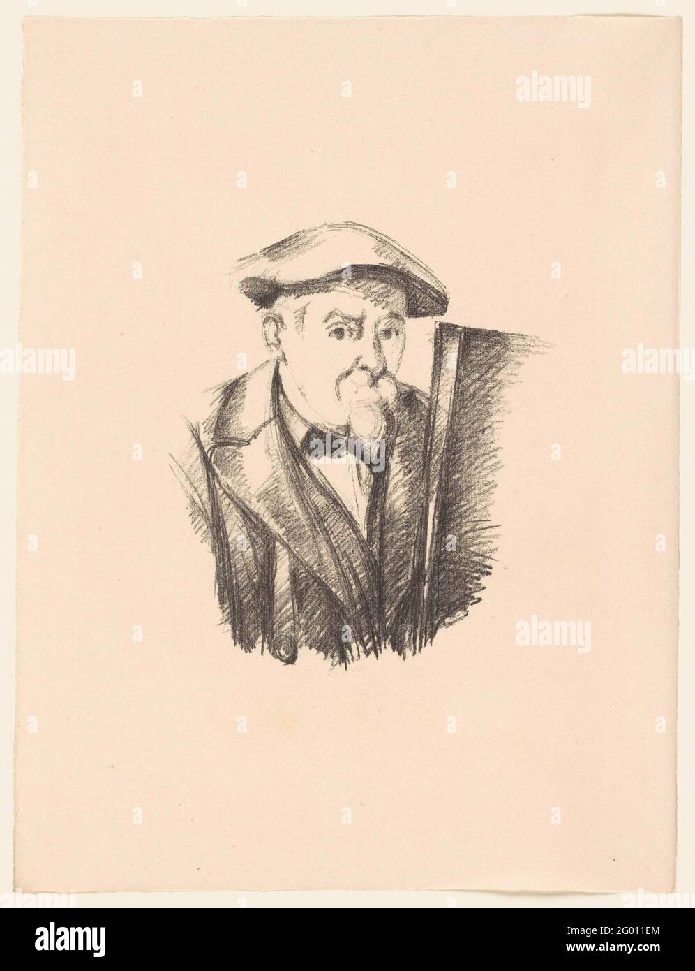 Selbstporträt, ca. 1896/97. Selbstporträt, angefertigt auf Wunsch des Kunsthändlers Ambroise Vollard. Obwohl Cézanne die grafische Kunst nicht beeinflusste, kam er dieser Bitte nach und porträtierte sich selbst als Maler für ein Tuch. Stockfoto