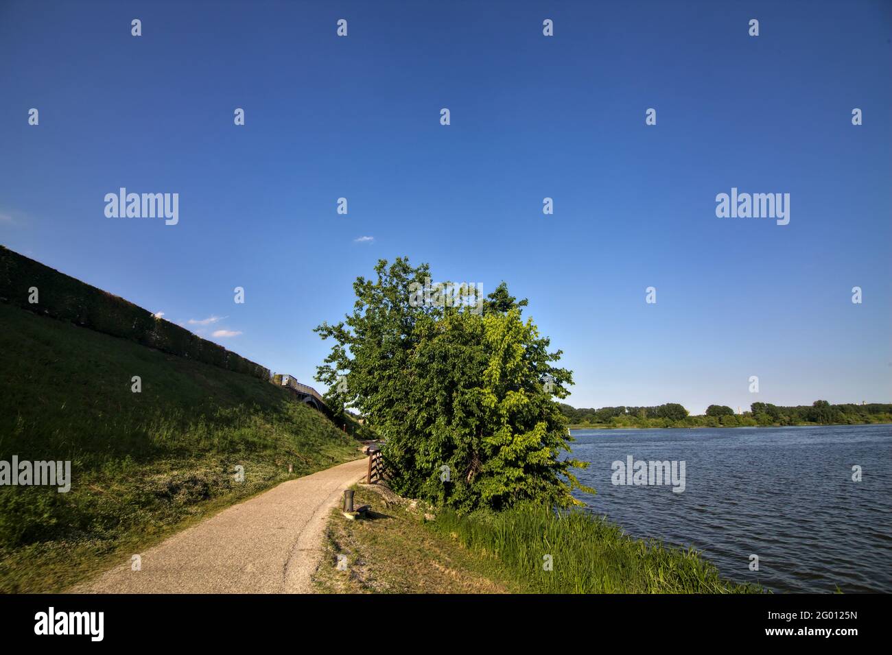 Pfad am Flussufer im Sommer bei Sonnenuntergang Stockfoto