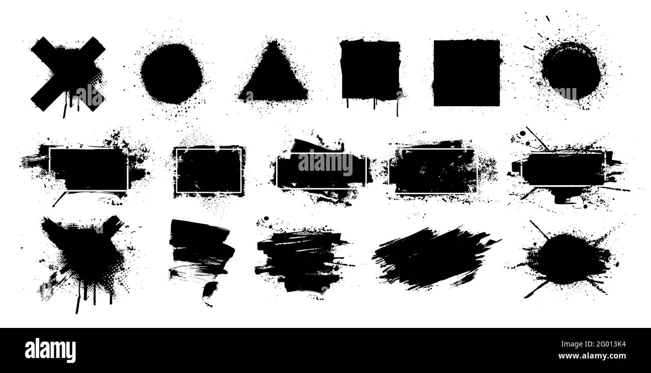 Schwarze Grunge-Spritzer-Schablone mit Rahmen. Graffiti-Sprühfarbe, verschiedene Formen. Schmutzige künstlerische Gestaltungselemente mit Rahmen für Text. Grunge Box mit Stock Vektor