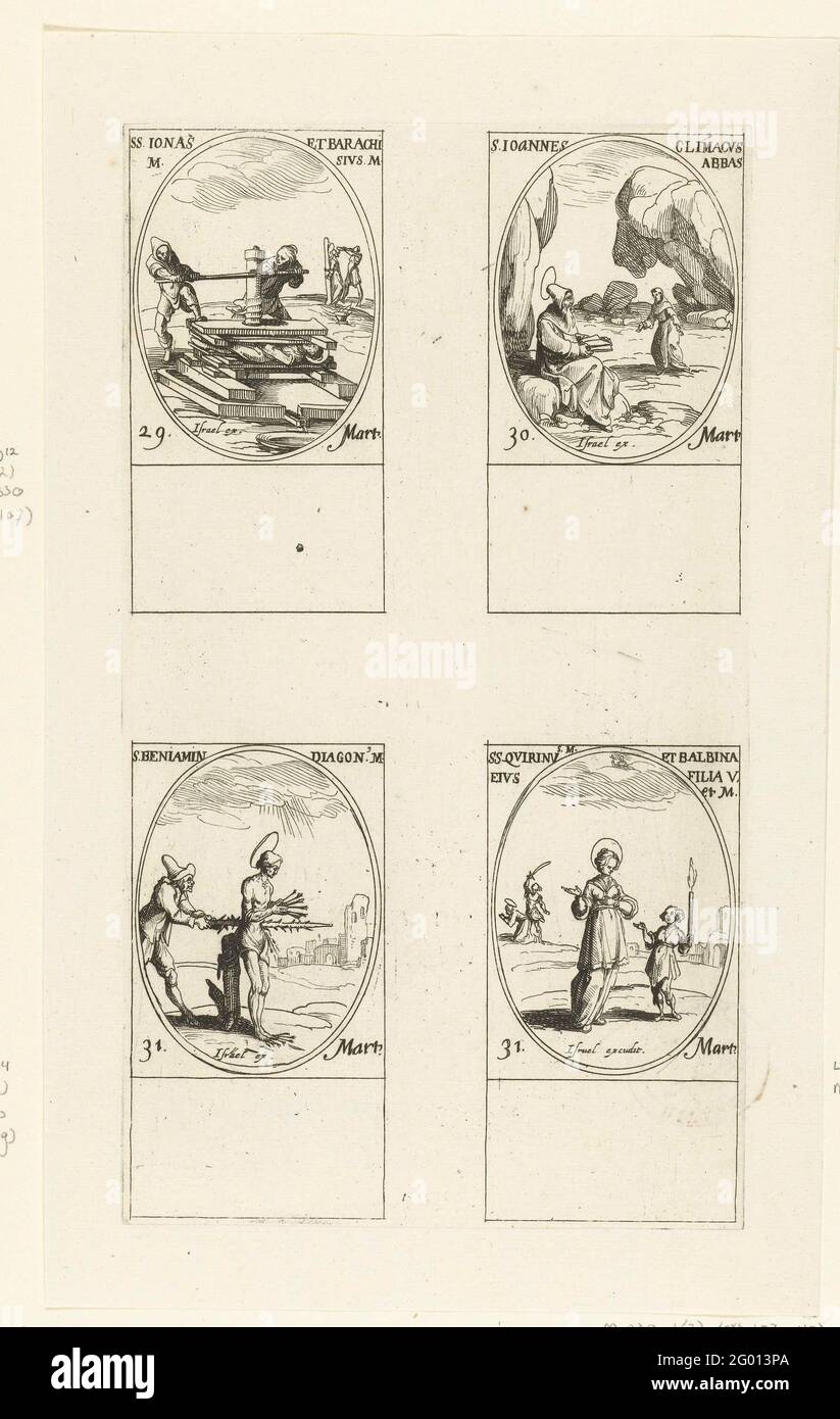 Der heilige Jonas und der heilige Barachisius von Persien, der heilige Johannes Climacus, der heilige Benjamin von Kurdistan, der heilige Quirinus von Neuss und die heilige Balbina von Rom (29-31. März); alle Heiligen und die christlichen Feiertage des Jahres. Blatt mit vier ovalen Auftritten, jeweils mit lateinischer Inschrift und Datum: Oben links wird der Heilige Jonas von einer Mähne eingenommen, oben rechts kommt ein Mönch auf dem alten Heiligen Johannes climacus, links wird Benjamin mit einem Stachelstab durchbohrt, unten rechts die heilige balbina neben einem Kind mit einer Kerze. Dieser Druck ist Teil einer Serie von Drucken mit Darstellungen der Heiligen und der Stockfoto