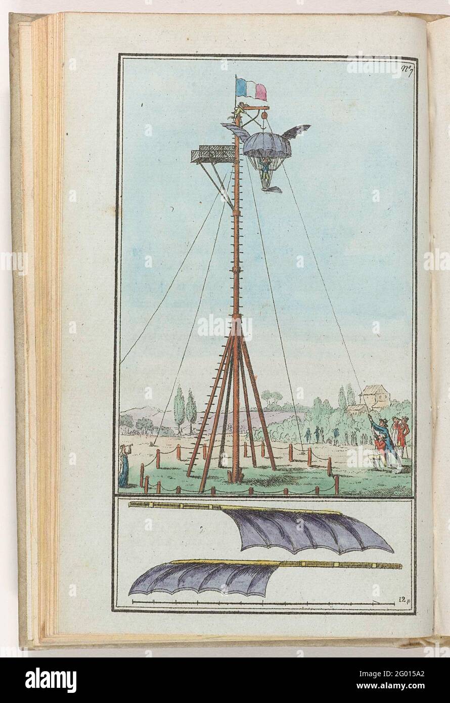 Le Mois, Journal Historique, Littéraire et Critique, AVEC Figures, TOME 3, Nr. 7, AN. 8 (1799-1800). Holzspieß mit geflügeltem Fallschirm, an dem ein Mann hängt, bereit für den Sprung. Druck aus der Zeitschrift Le Mois: Journal Historique, Littéraire et Critique AVEC Figures, AN 7 und 8 (1798-1800). Stockfoto