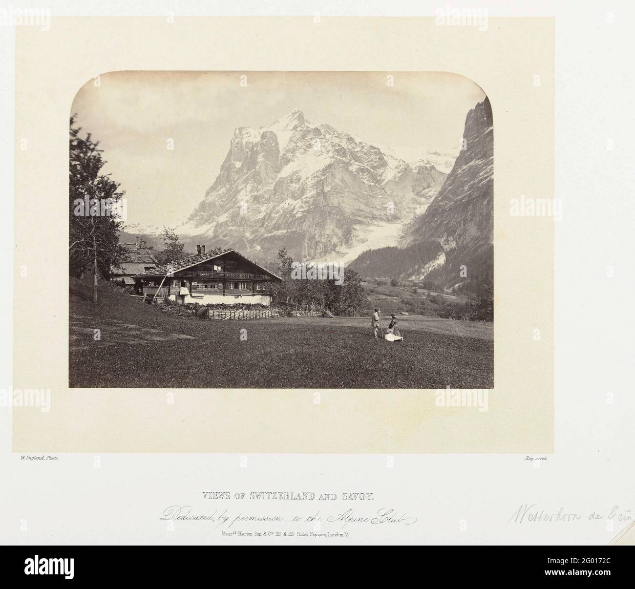 Berglandschaft in der Schweiz: Blick auf das Wetterhorn; Blick auf die Schweiz und Savoyen; Wetterhorn De Grin. Stockfoto