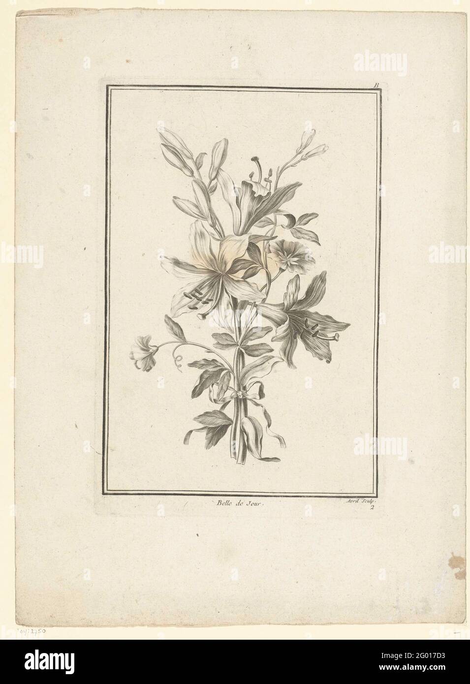 Strauß mit Lilie; Belle de Jour; IIE Cahier De Bouquets. Die Blumen sind mit einem Band zusammengebunden. Oben rechts den Buchstaben B. Stockfoto