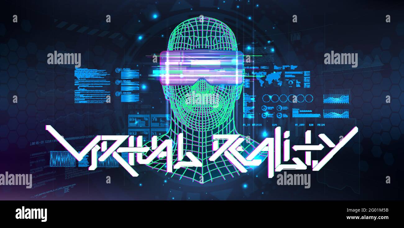 Virtual Reality Cyberspace mit Human- oder AI-Hologramm. 3D Polygon Kopf eines Mannes mit Virtual-Reality-Brille mit HUD, GUI-Schnittstelle. Futuristisches Banner Stock Vektor