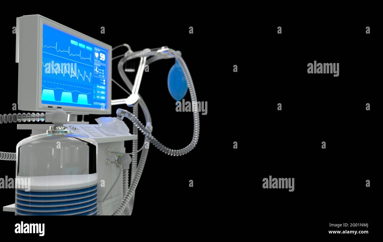 ITS-Lungenventilator mit Bett, das isoliert auf schwarzer medizinischer 3d-Illustration dargestellt wird Stockfoto