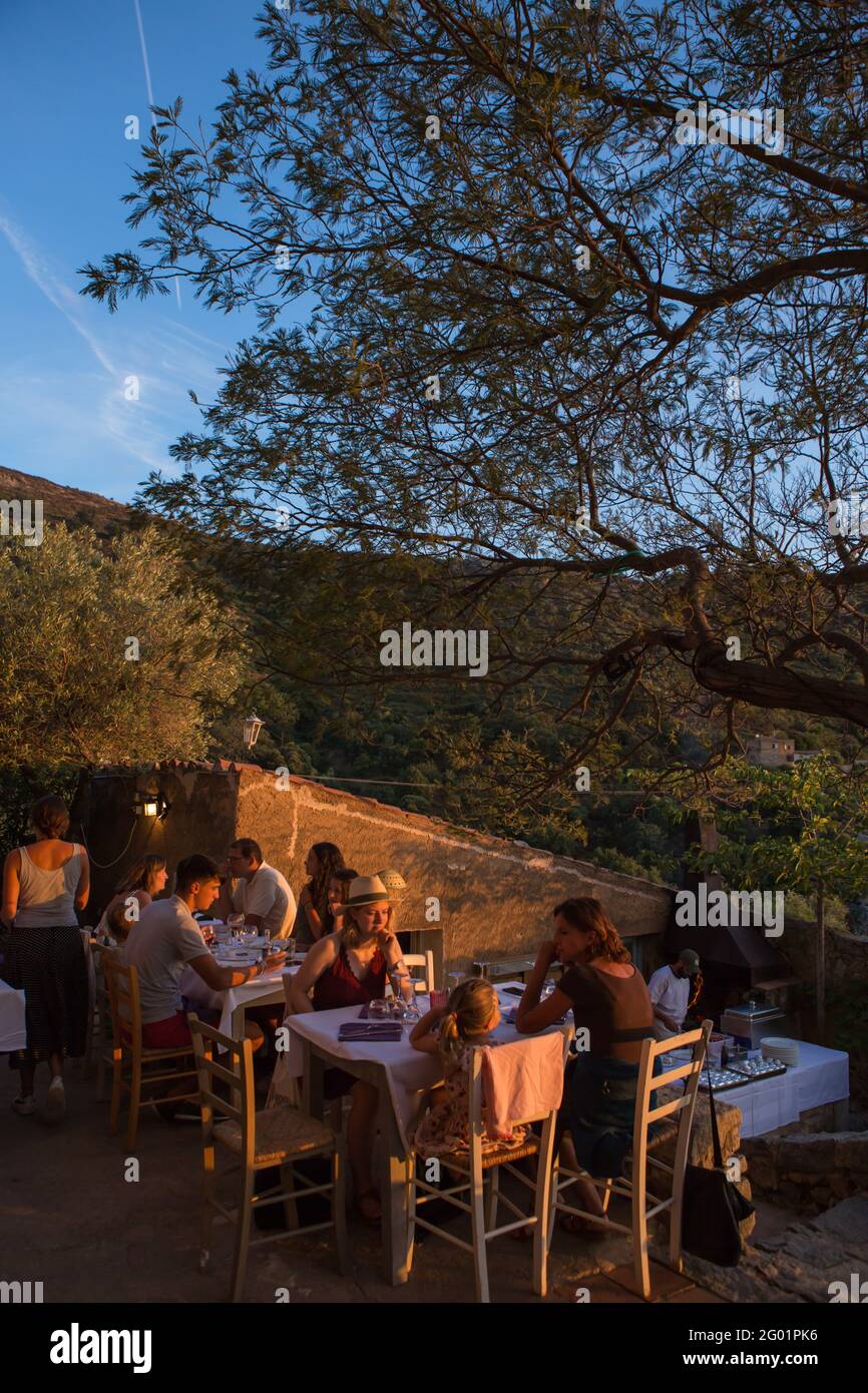 FRANKREICH. HAUTE-CORSE (2B) BALAGNE. PIGNA DORF. CASA MUSICALE RESTAURANT Stockfoto