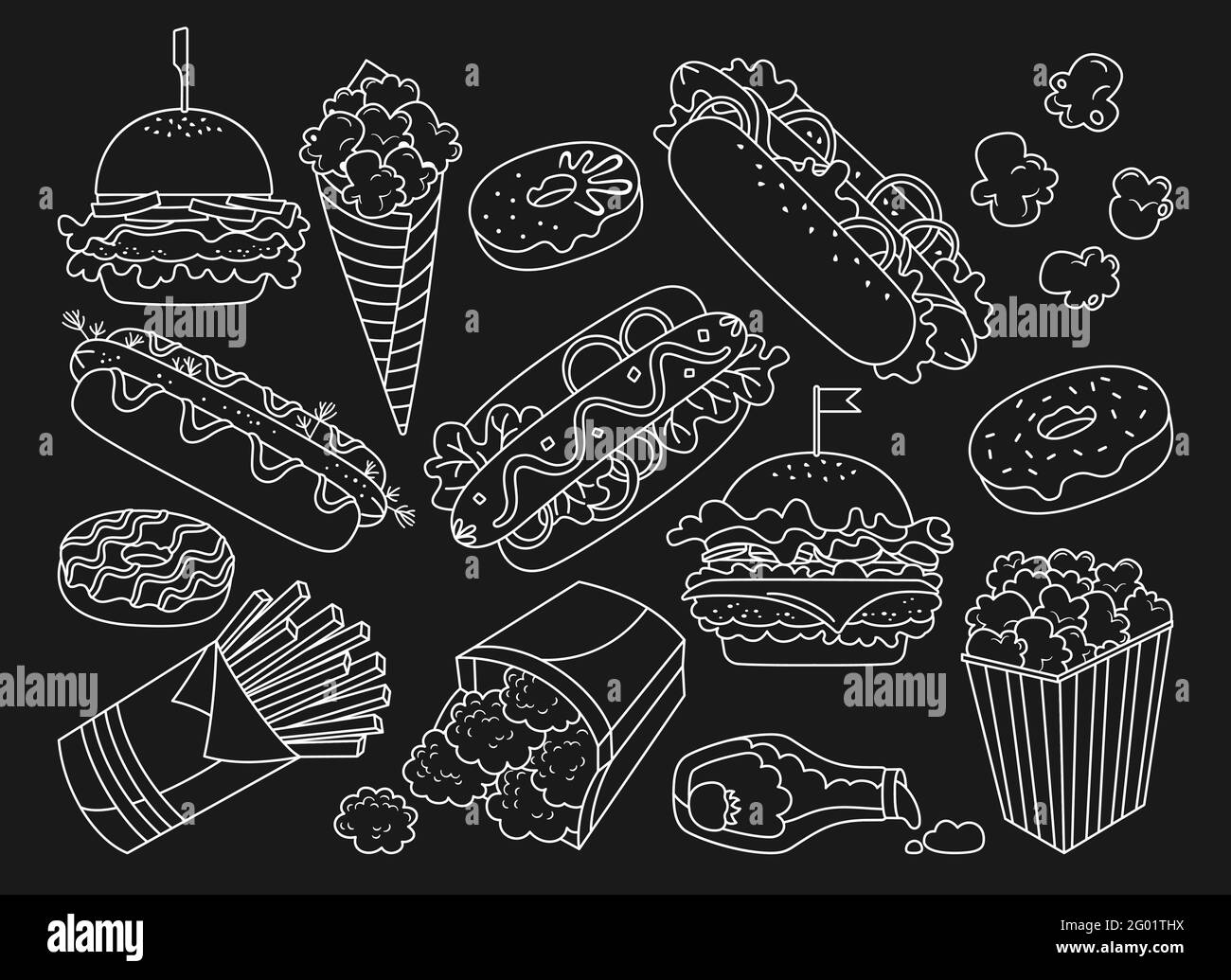 Handgezeichnetes Fast Food-Doodle-Set. Symbole zur Sammlung von Donut