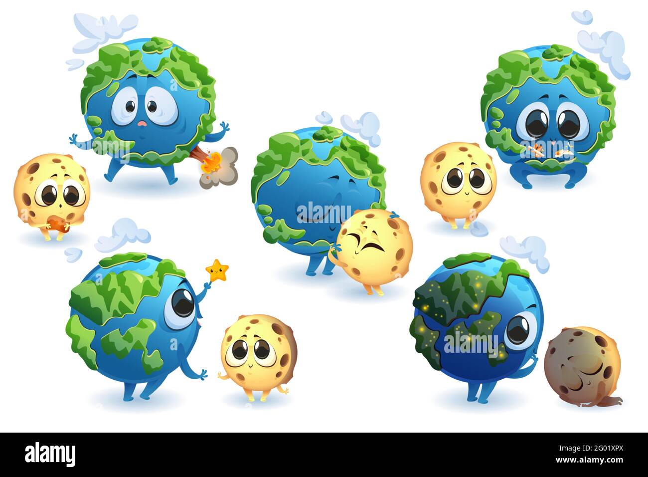 Niedliche Planeten Erde und Mond Zeichen in verschiedenen Posen isoliert auf weißem Hintergrund. Vektor-Set von Cartoon lustigen Planeten und Satelliten Lächeln, Umarmung, Schlaf und spielen. Erde mit Vulkan und Wolken Stock Vektor