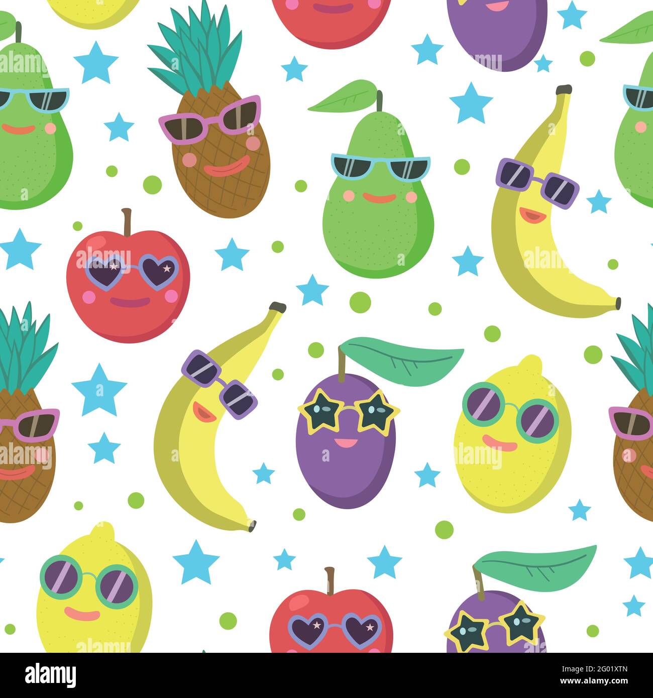 Niedliches, nahtloses Muster mit Zeichentrickfiguren in Sonnenbrillen, Avocado, Banane, Ananas, Zitrone und Apfel. Stock Vektor