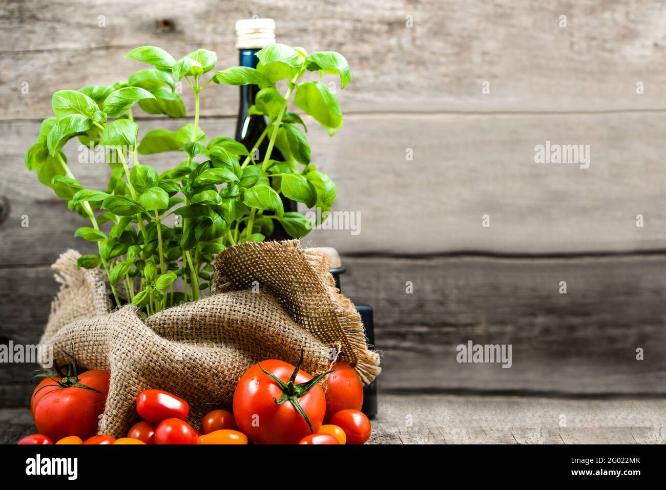 Italienische Küche Zutaten, gesunde Ernährung vegetarische Ernährung, frisches Basilikum und Tomaten Stockfoto