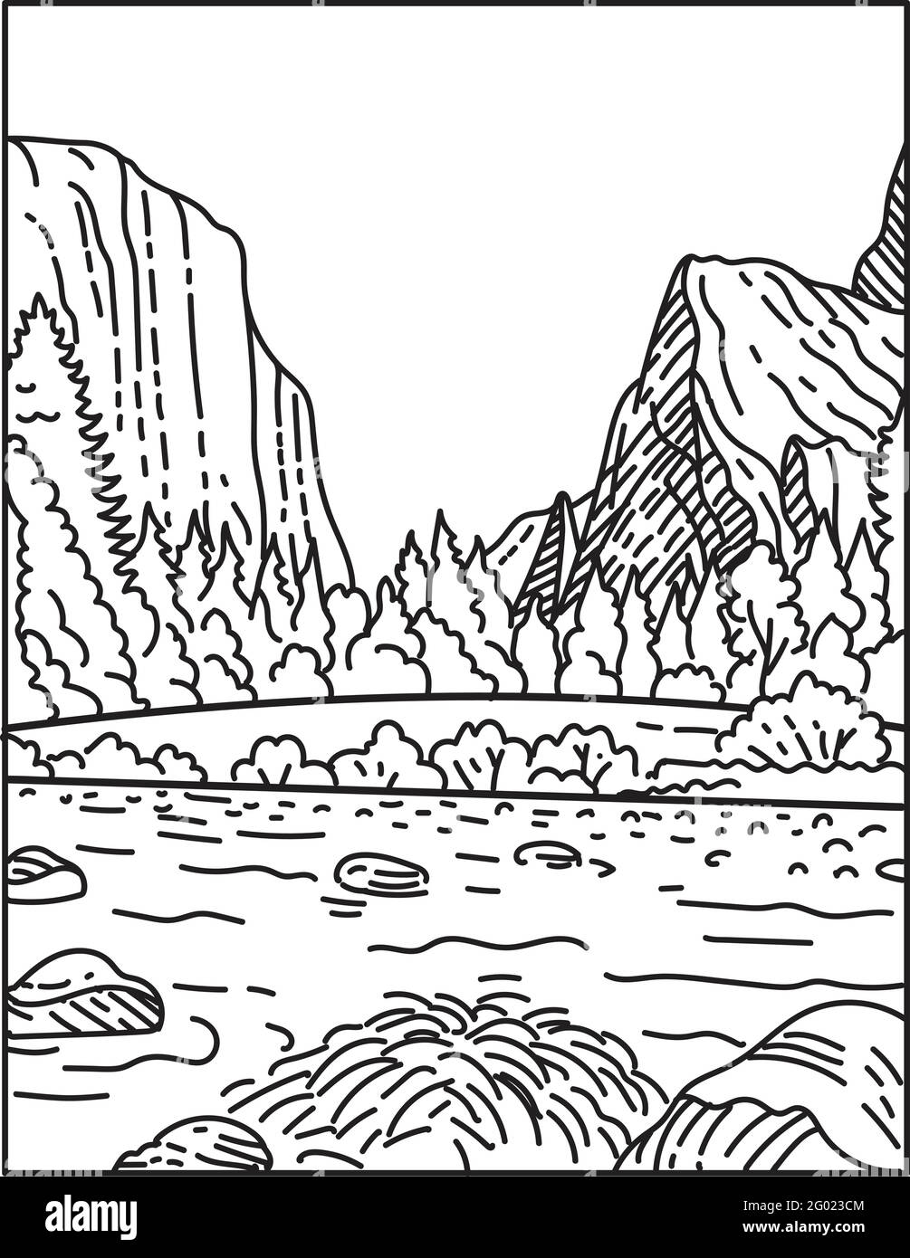 Monolinie Illustration des Yosemite National Park in Nordkalifornien, USA in Retro schwarz-weiß Monoline Linie Kunststy gemacht Stock Vektor