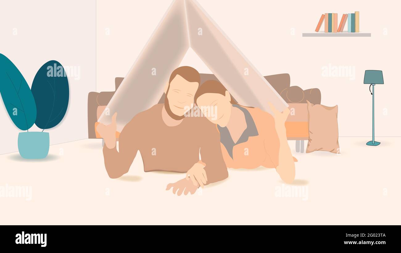 Illustration Eltern halten Pappe mit einer Hausform in ihrem Wohnzimmer, während sie lächelnd vor der Kamera posieren zum Internationalen Vatertag 2021 Stockfoto Illustration Eltern halten Pappe mit einer Hausform in ihrem Wohnzimmer, während sie lächelnd vor der Kamera posieren zum Internationalen Vatertag 2021 Stockfoto