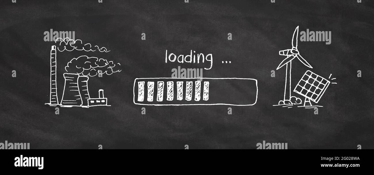 Erneuerbare/Nachhaltige Energiewende von fossilen Brennstoffen zu grünen Energiekonzept mit einfachen Zeichnungen auf Tafel illustriert Stockfoto