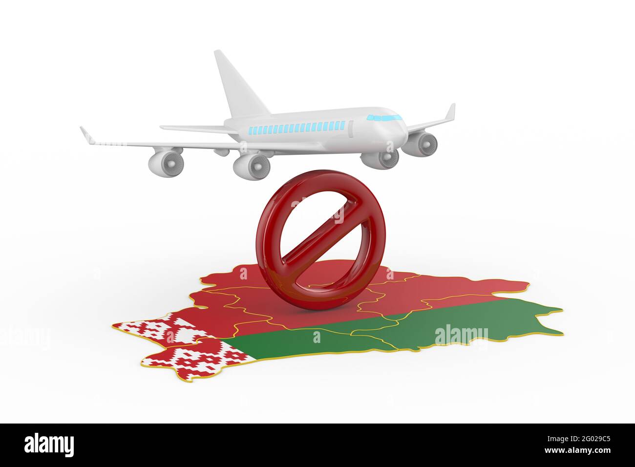 Verbotener Flug nach Weißrussland auf weißem Hintergrund. Isolierte 3D-Darstellung Stockfoto
