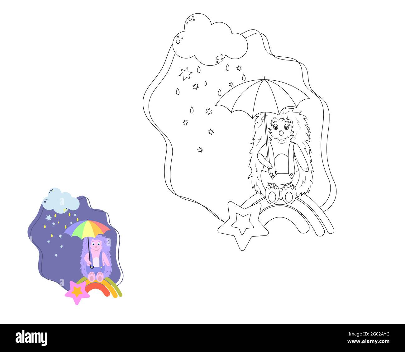 Malbuch für Kinder, Igel mit Regenschirm, Regenbogen. vektor isoliert auf weißem Hintergrund Stock Vektor