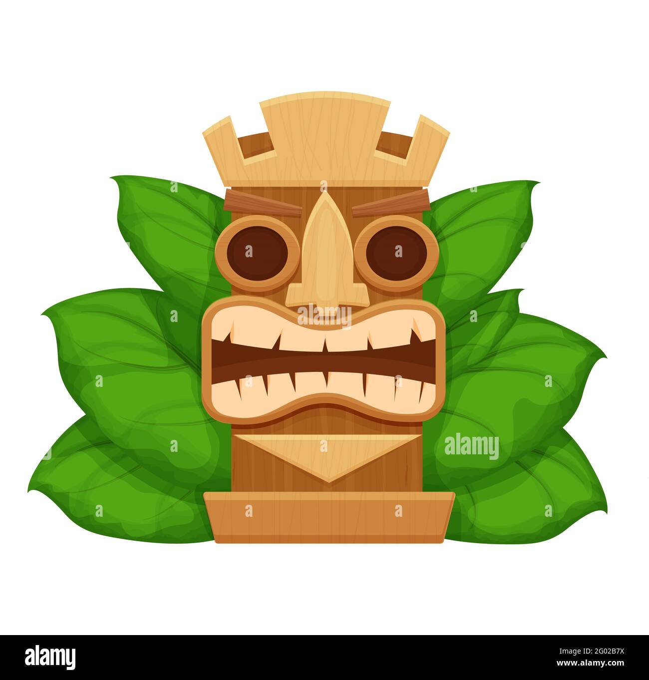 Tiki-Maske aus Holz, hawaianisches Symbol im Cartoon-Stil, strukturiert und detailliert isoliert auf weißem Hintergrund Vektorgrafik. Totem, ethnische Dekoration. Furchteinflößender gott, Idol. Vektorgrafik Stock Vektor