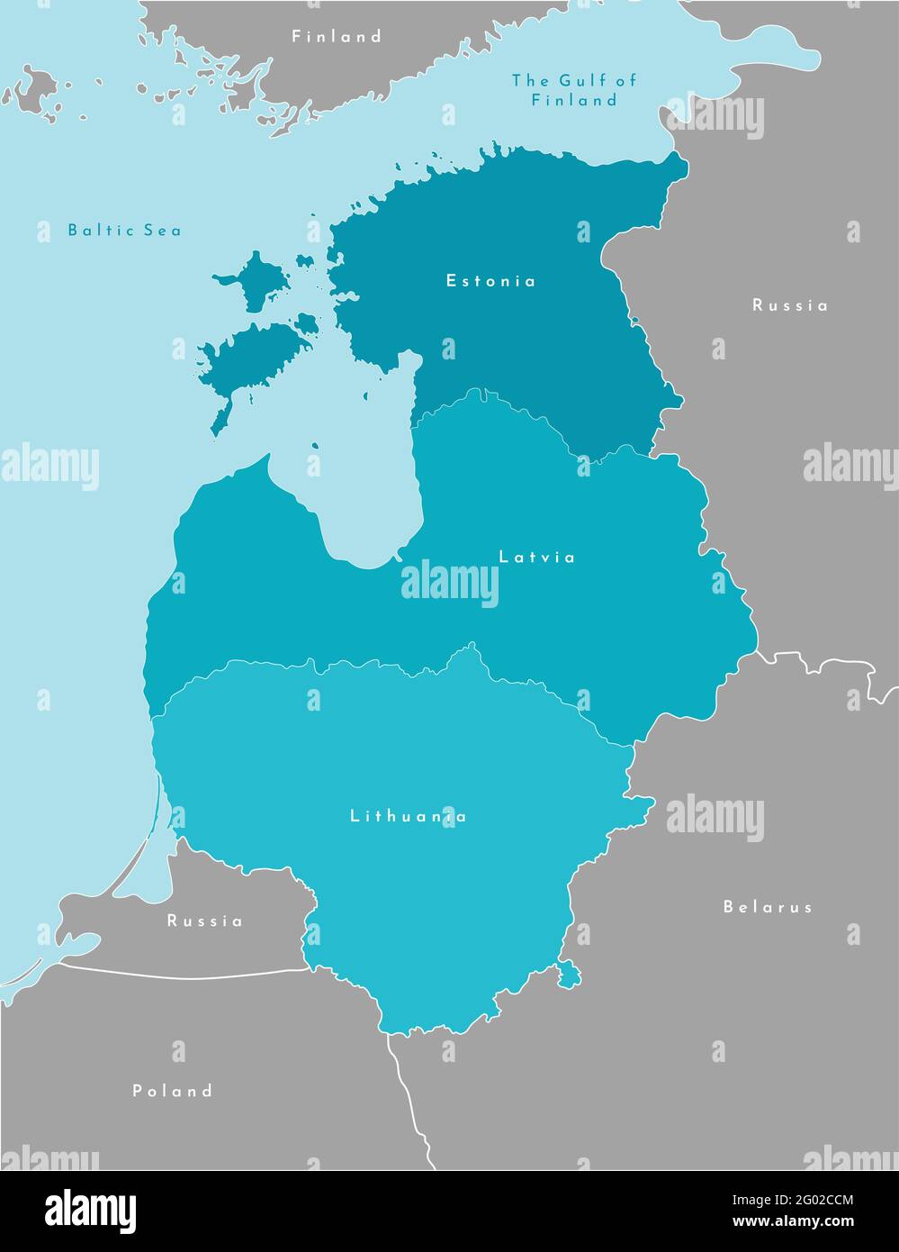 Vektor isolierte Illustration. SKleingestellte politische Karte der baltischen Staaten (Estland, Lettland, Litauen) in blauen Farben und die nächsten Länder in grau. Bor Stock Vektor