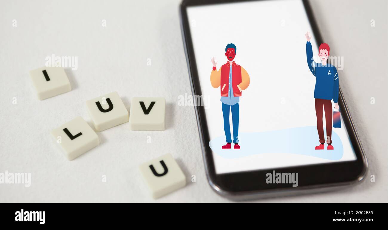 Komposition von i luv Sie Text auf Quadraten mit Illustration von Menschen über Smartphone Stockfoto