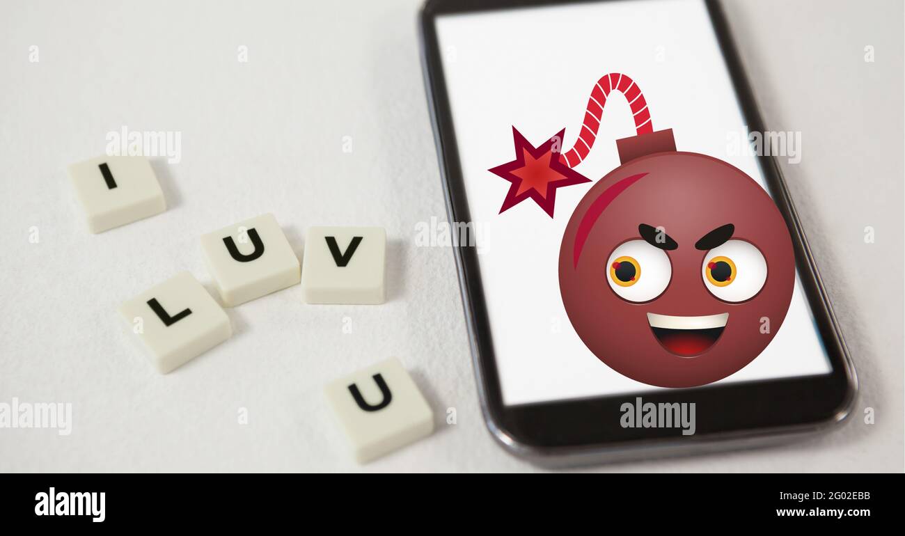 Komposition von i luv Sie Text auf Quadrate mit Bombe Emoji über Smartphone Stockfoto