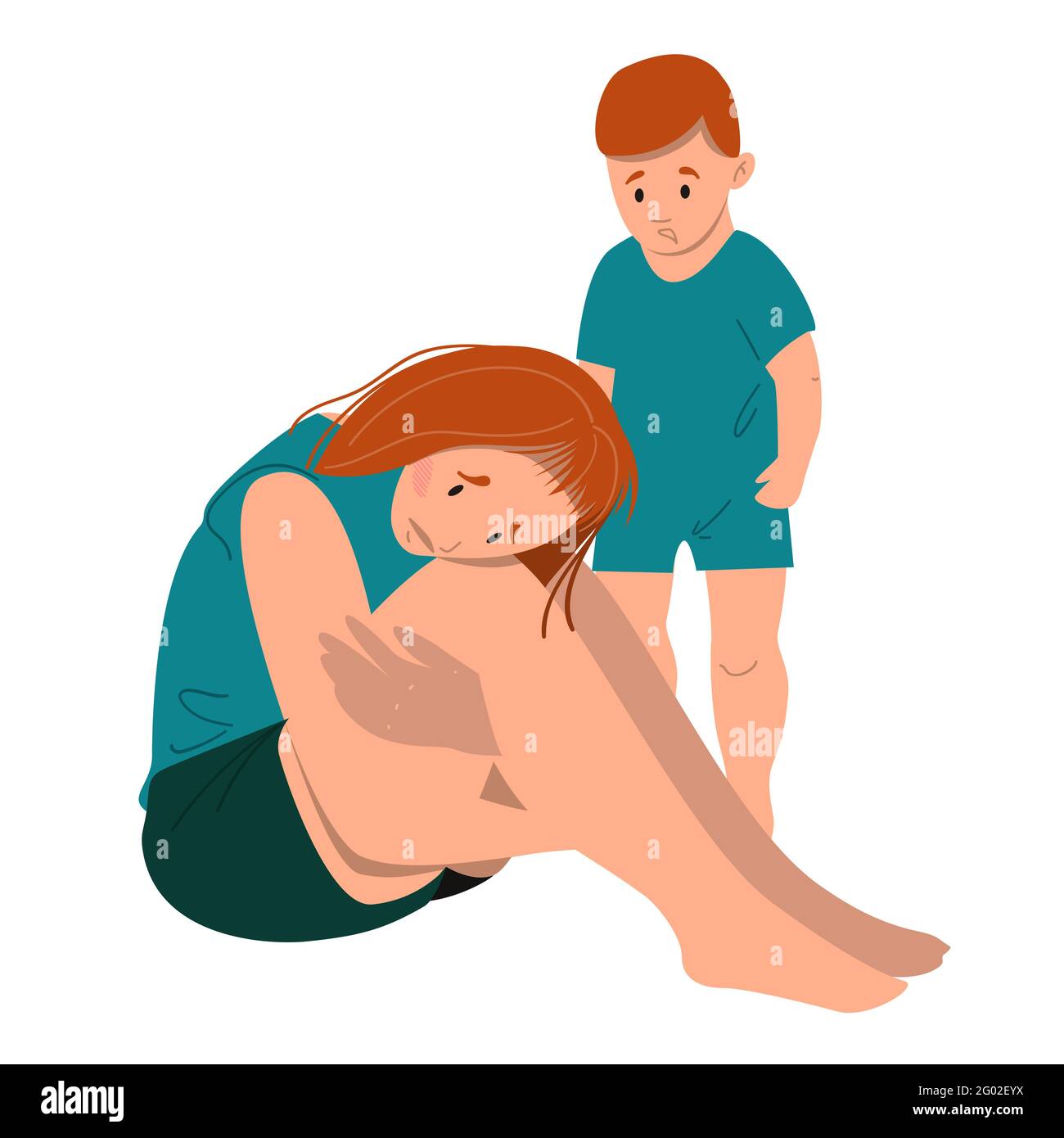 Traurige Mutter, die mit ihrem weinenden Kind auf dem Boden sitzt. Postpartale Depression Konzept. Bunte Vektor-Illustration in flachen Cartoon-Stil. Stock Vektor