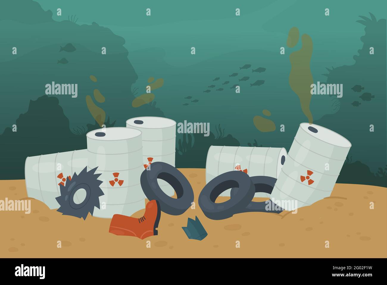 Abfallverschmutzung im Meerwasser und Bodenvektordarstellung. Cartoon verschmutzte schmutzige Unterwasserlandschaft mit Haufen von Müll Autoreifen, giftigen Barrel Öltanker, schwimmenden Fisch Hintergrund Stock Vektor