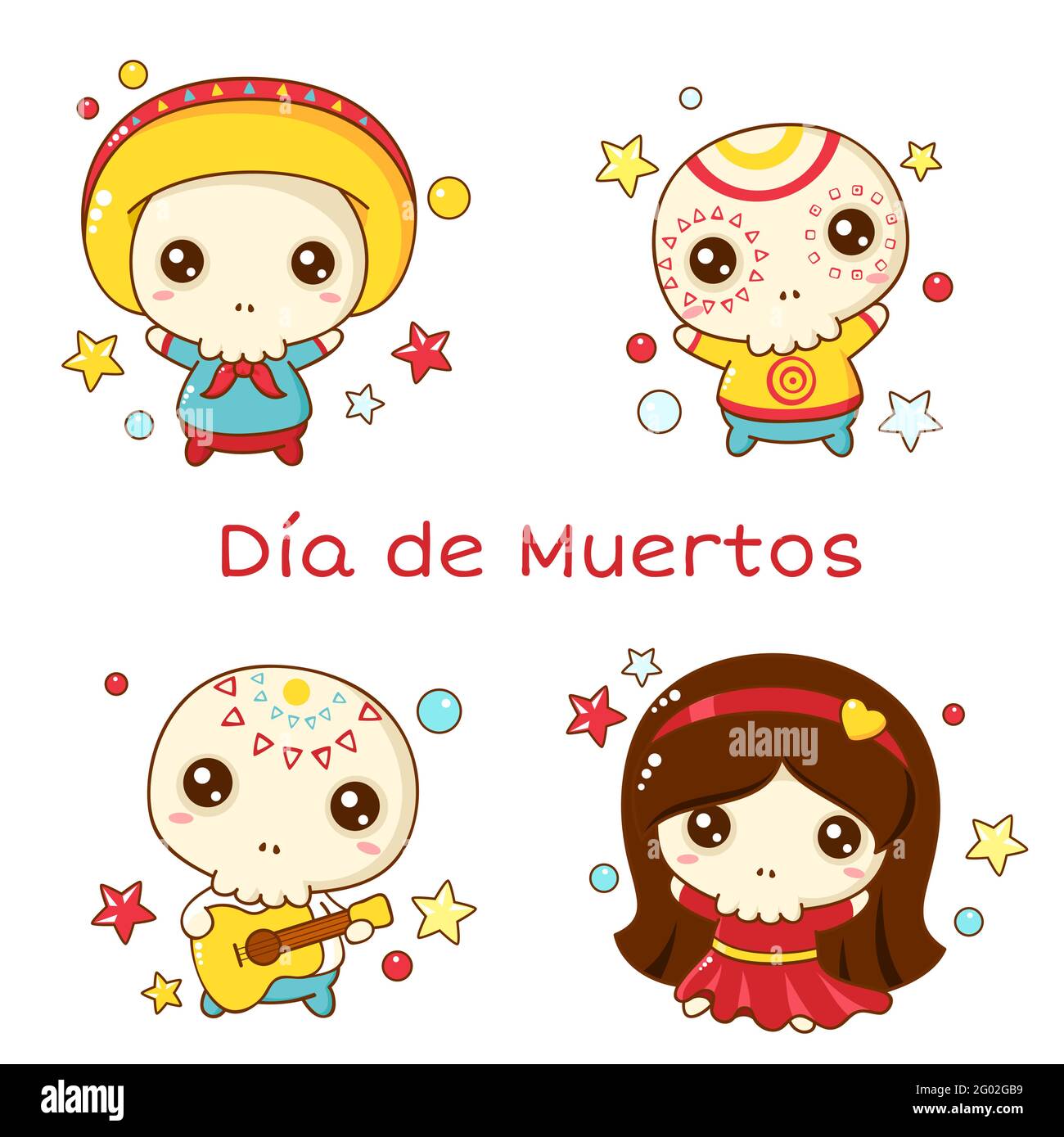 Satz von Kawaii-Zeichen. Skelette in traditionellen mexikanischen Kostümen. Inschrift Dia de Muertos - Tag der Toten auf Spanisch. Tag der Toten Stock Vektor